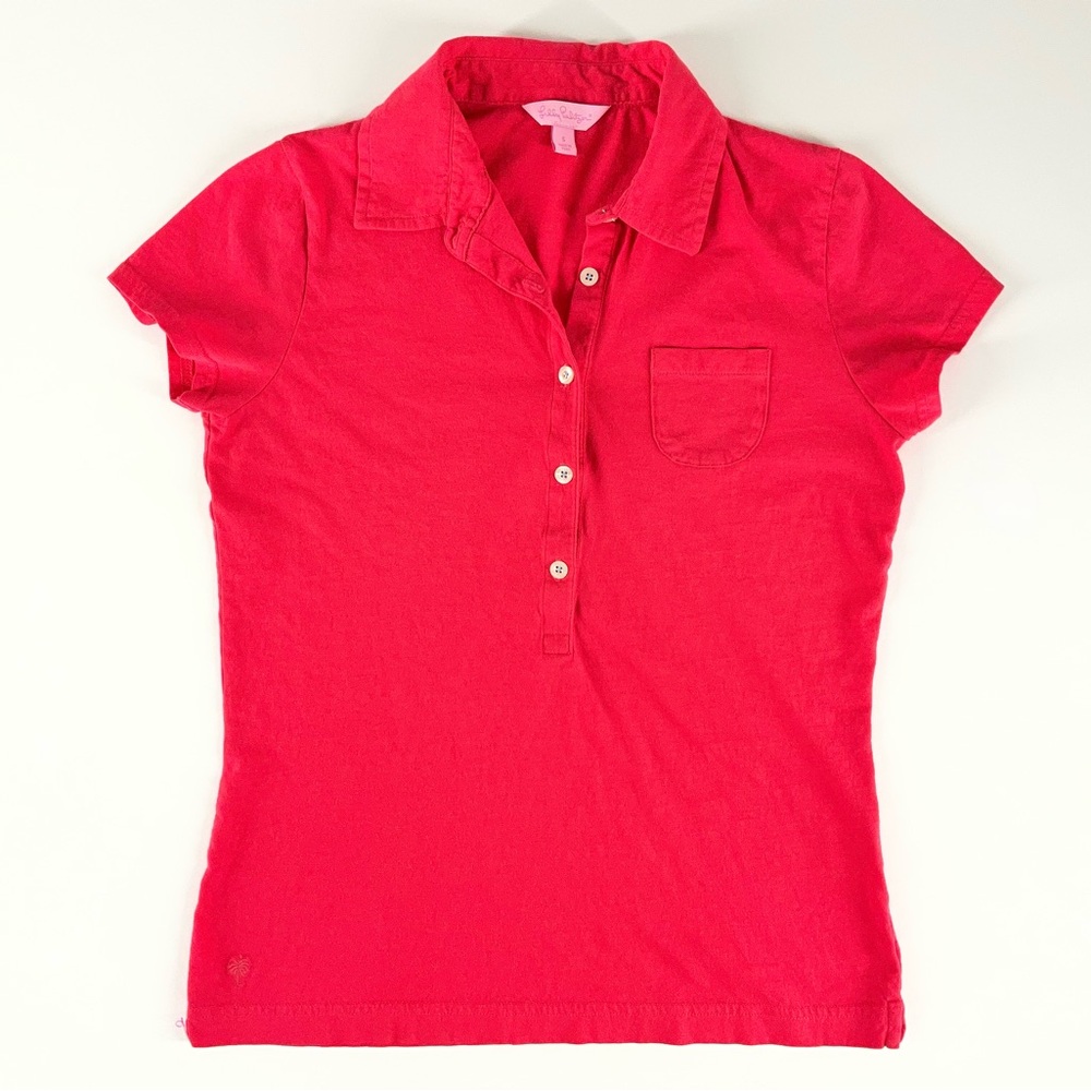 Lilly Pulitzer Womens Bright Red Coral Polo Shirt Chest Pocket Size Small Preppy